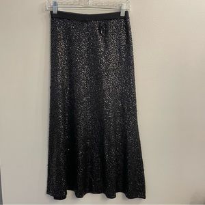 Vintage 90s Spiegel Silk Cashmere Black Sequin A-Line Midi Skirt Size XS